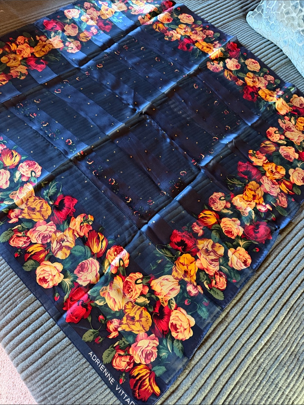 Adrienne Vittadini Navy Floral Border Silk Scarf 3’ x 3’